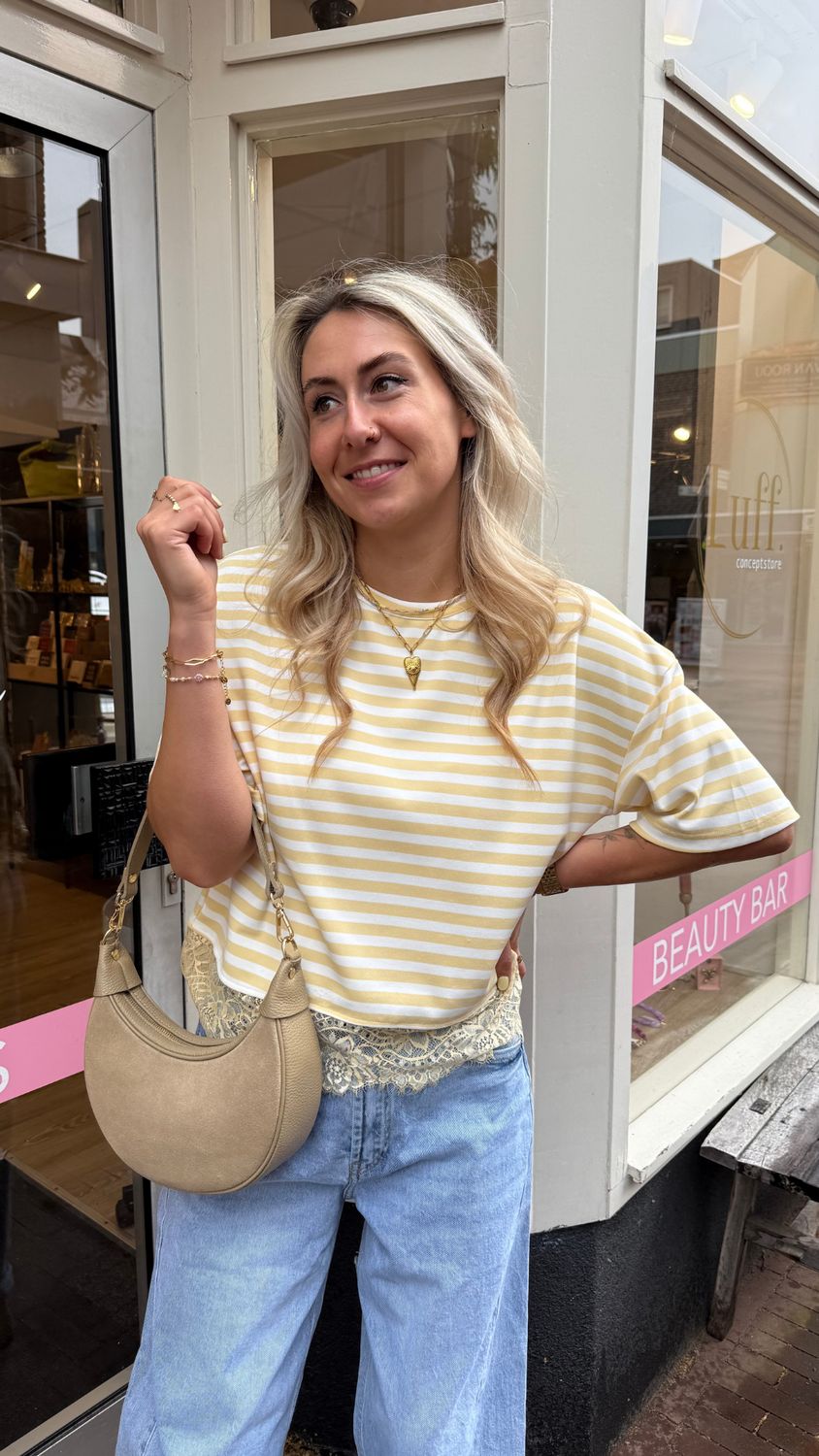 LUFF - Stripe Tee With Lace - ONE SIZE - Yellow/Ecru