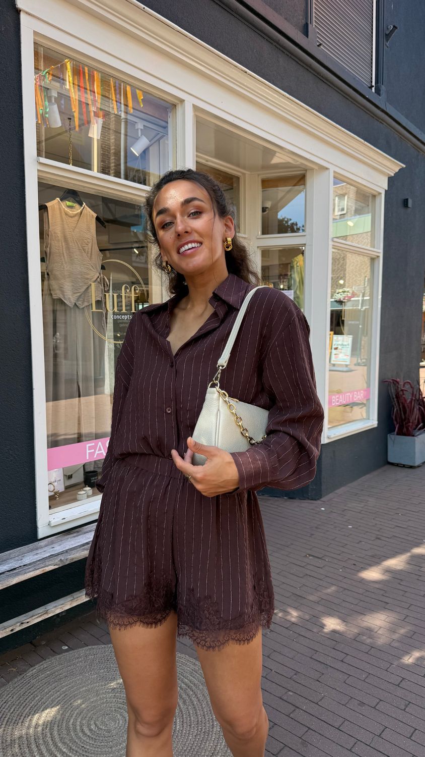 LUFF - Pinstripe Blouse With Lace - Brown