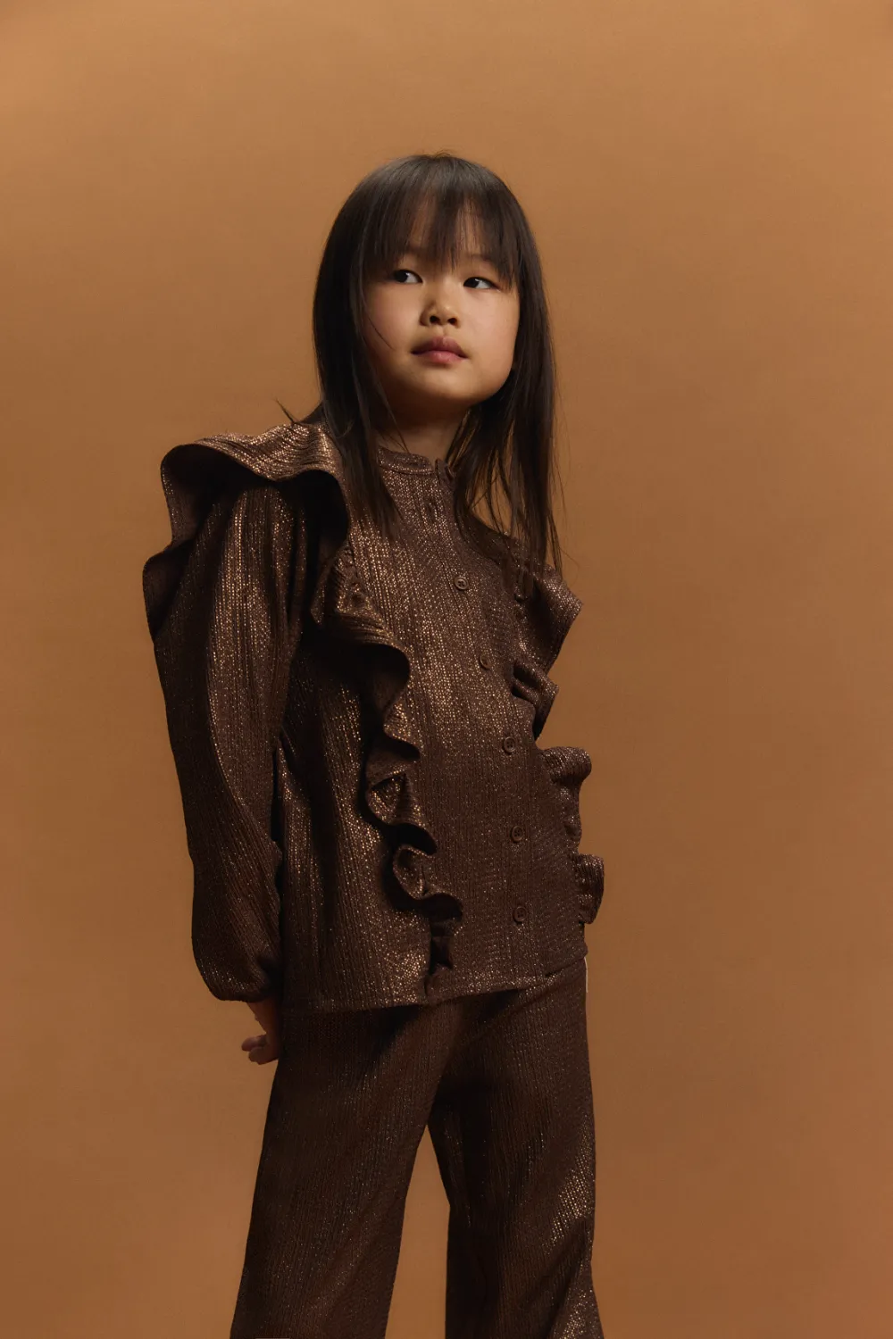 ALIX MINI - Shiny Ruffle Blouse - Warm Brown