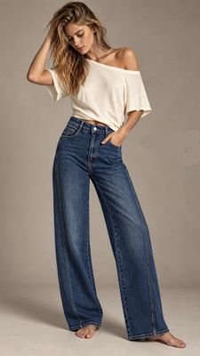 LUFF - Wide Leg Design Jeans - Mid Blue