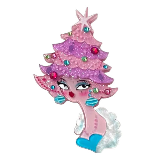 Pink Tree Hat Girl Christmas Brooch