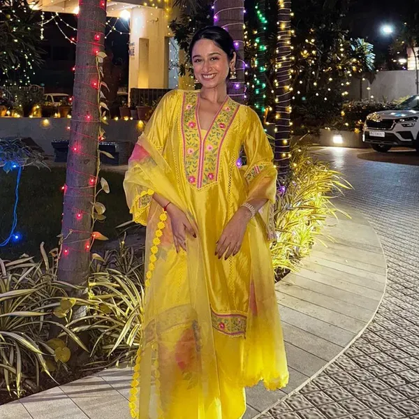 Yellow Embroidered Chanderi Kurta with Pants- Set of 2