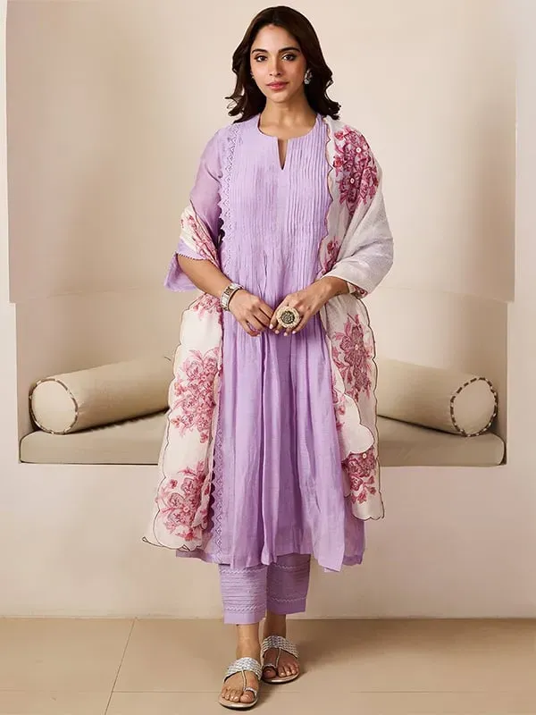 Purple Embroidered Chanderi Kurta with Pants- Set of 2