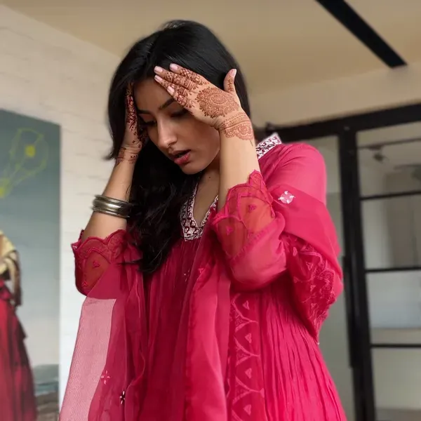 Pink Embroidered Chanderi Gathered Kurta with Cotton Pants - Set of 2