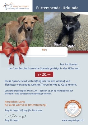 Futterspende-Urkunde im Wert von Fr. 20.--