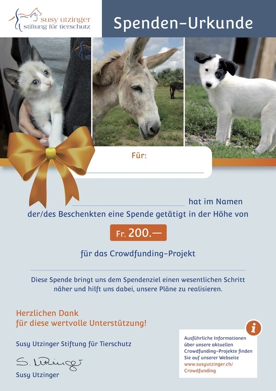 Geschenkspende-Urkunde im Wert von Fr. 200.-- zu Gunsten eines Crowdfunding-Projekts Ihrer Wahl