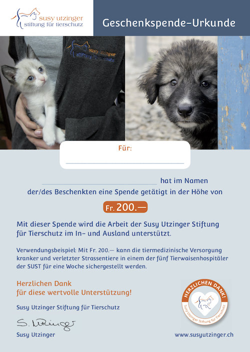 Geschenkspende-Urkunde im Wert von Fr. 200.-- zum selber Ausdrucken