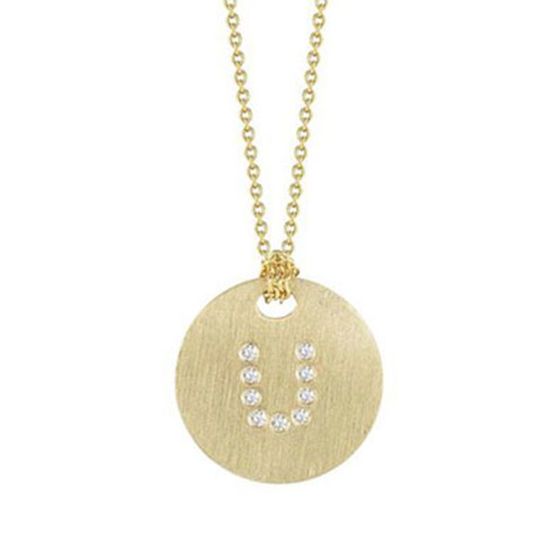 18K Yellow Gold Tiny Treasures Diamond Initial "U" Satin Disc Necklace