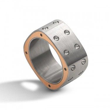 18K Rose Gold &amp; Stainless Steel Men's Pois Mois Ring Sz 10.5