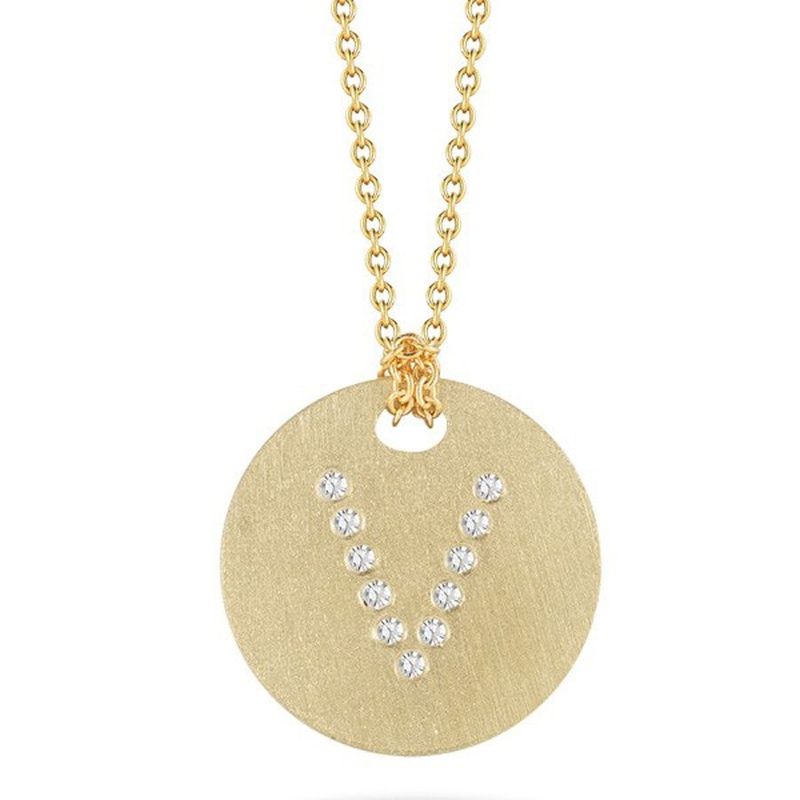 18K Yellow Gold Tiny Treasures Diamond Initial "V" Satin Disc Necklace