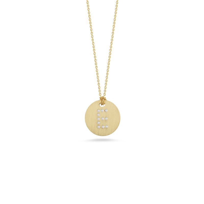 18K Yellow Gold Tiny Treasures Diamond Inital "E" Satin Disc Necklace