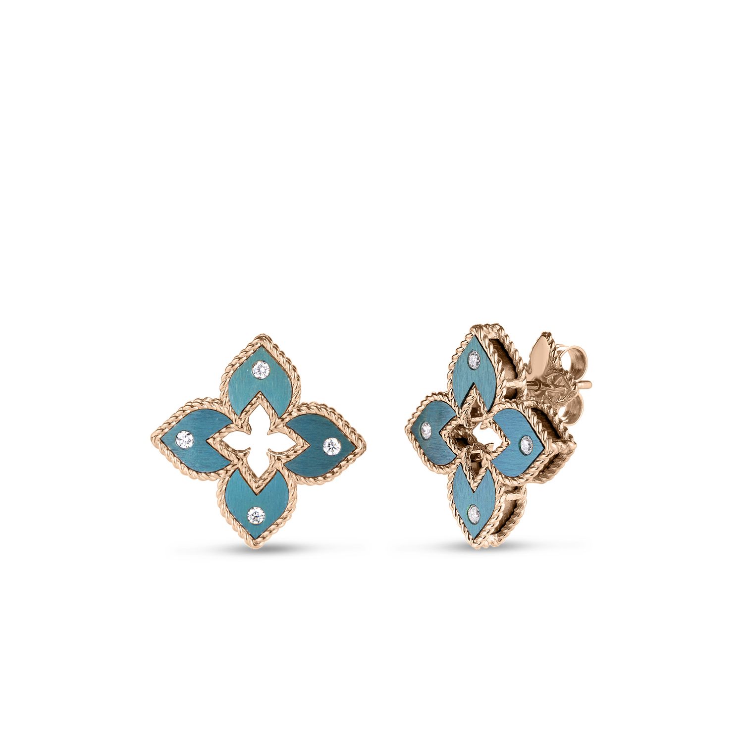 18K Rose Gold Venetian Princess Diamond &amp; Green Titanium Petite Flower Stud Earrings