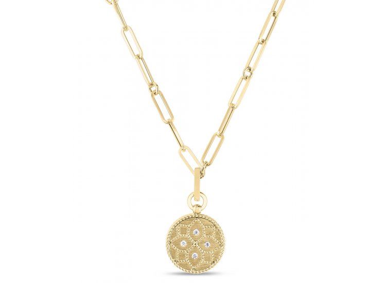 18K Venetian Princess Small Satin Medallion With Diamond Flower Detail Necklace