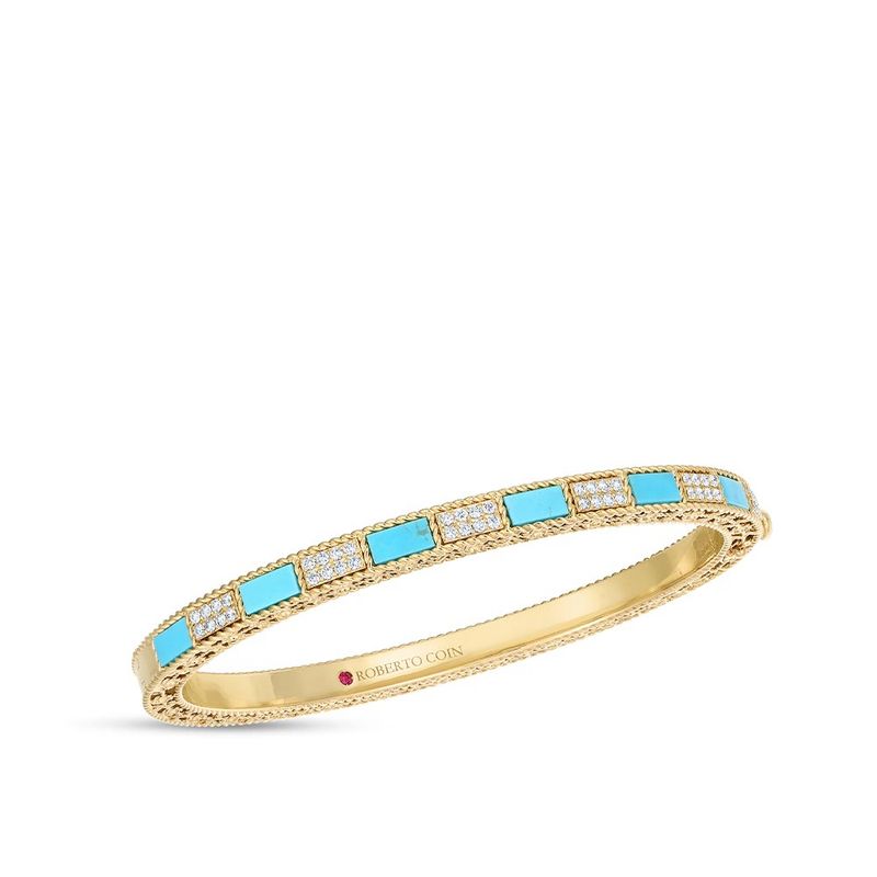 18K Yellow Gold Art Deco Mosaic Alternating Diamond &amp; Turquoise Bangle