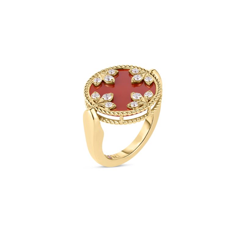 18K Yellow Gold Venetian Medallions Diamond, Red Agate, And Mother Of Pearl Reversible Ring