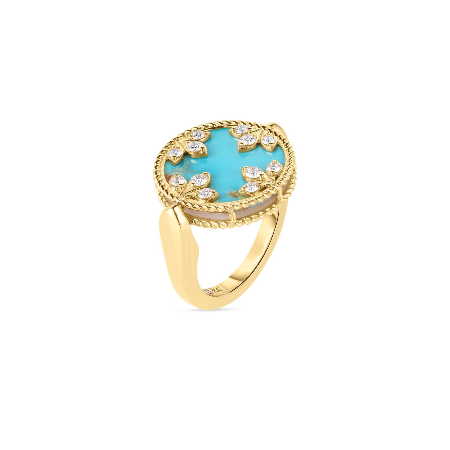 18K Yellow Gold Venetian Medallions Diamond, Turquoise , And Mother Of Pearl Reversible Ring