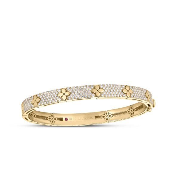 18K Yellow Gold Love In Verona Pave Diamond &amp; Polished Flower Bangle