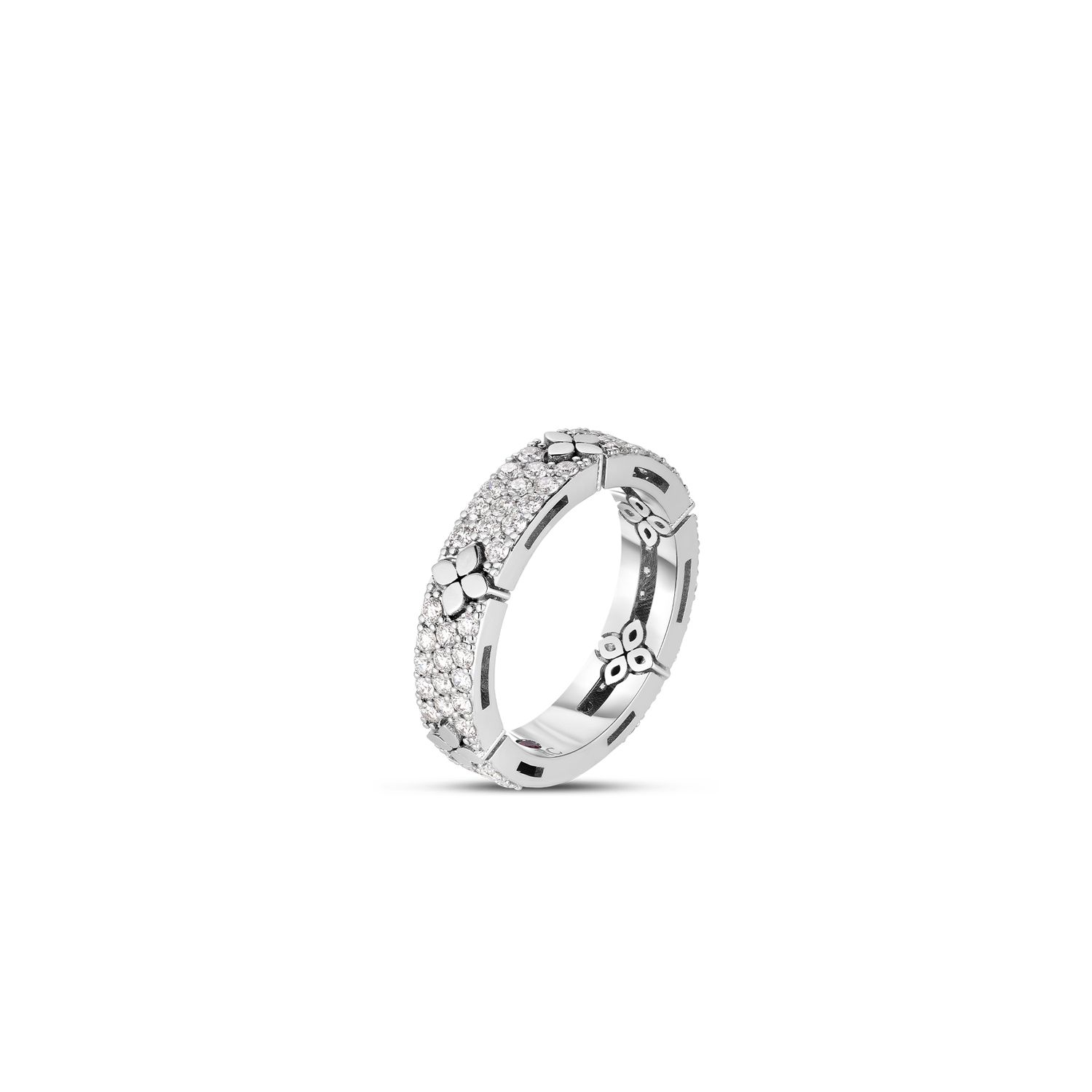 18K White Gold Love In Verona Pave Diamond &amp; Polished Flower Narrow Ring
