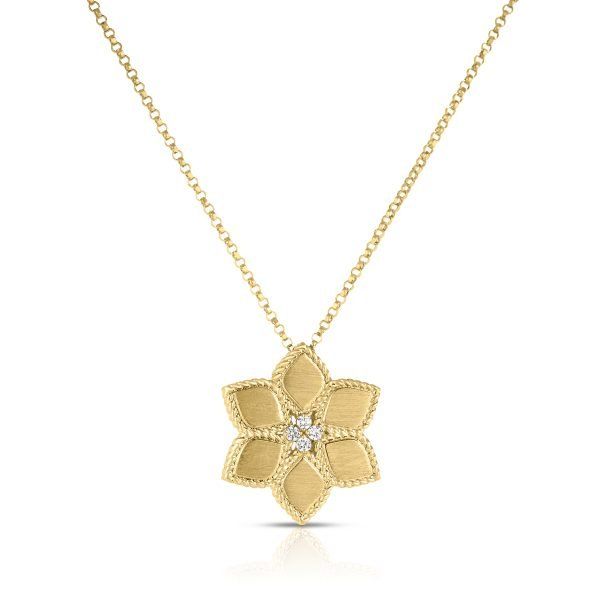 18K Yellow Gold Vernazza Diamond &amp; Satin Finish Flower Necklace