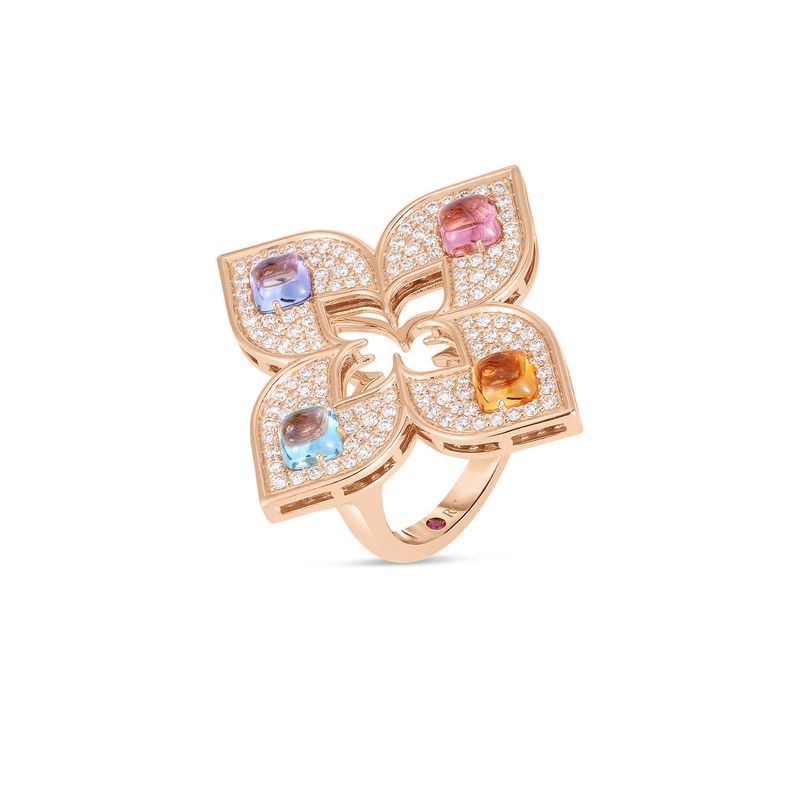18K Rose Gold Venetian Princess Carnival Pave Diamond &amp; Mixed Stones Large Open Flower Ring