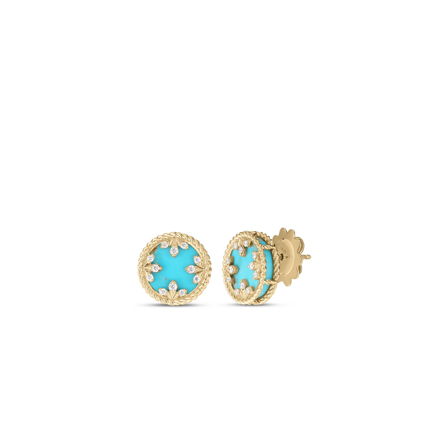 18K Yellow Gold Venetian Medallions Small Diamond And Turquoise Stud Earrings