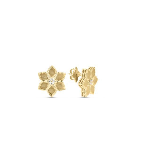 18K Yellow Gold Vernazza Diamond &amp; Satin Finish Flower Stud Earrings