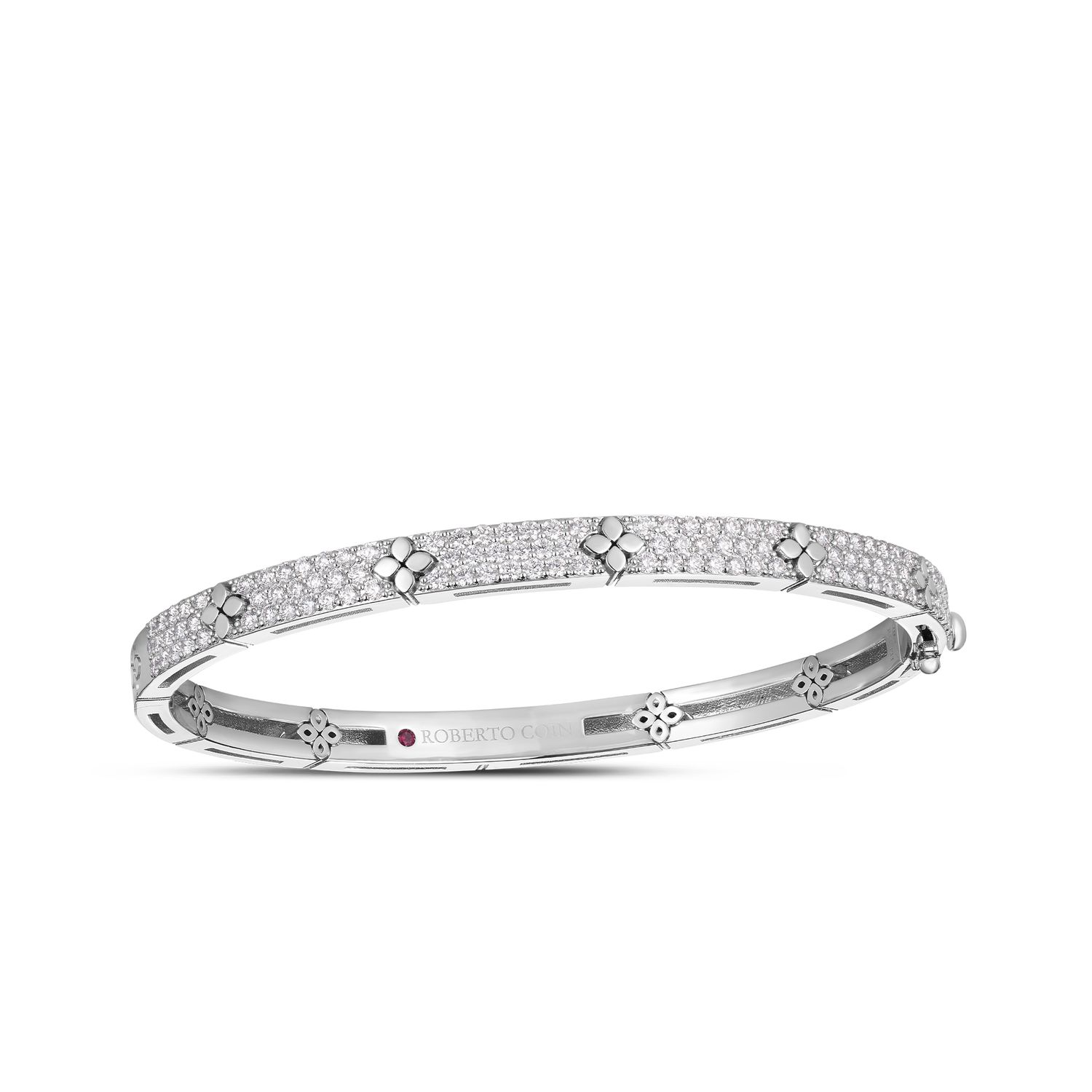 18K White Gold Love In Verona Pave Diamond &amp; Polished Flower Narrow Bangle