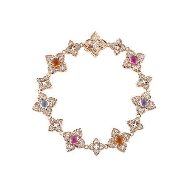 18K Rose Gold Venetian Princess Carnival Pave Diamond &amp; Mixed Stones Alternating Flower Bracelet