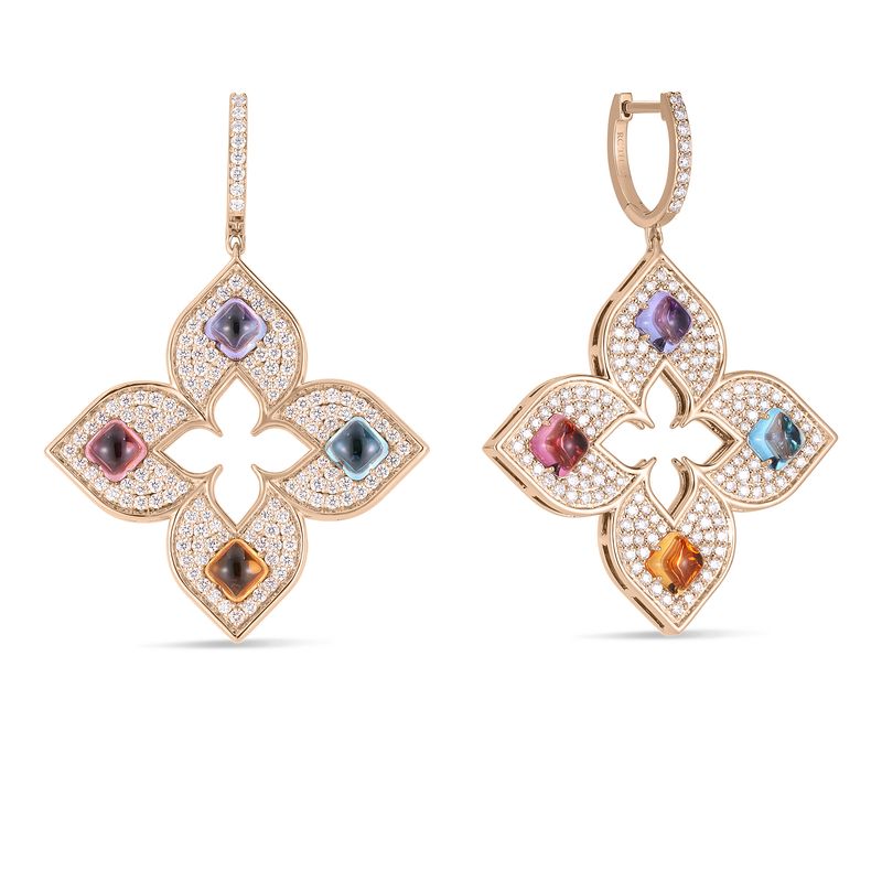 18K Rose Gold Venetian Princess Carnival Pave Diamond &amp; Mixed Stones Large Open Flower Drop Earrings