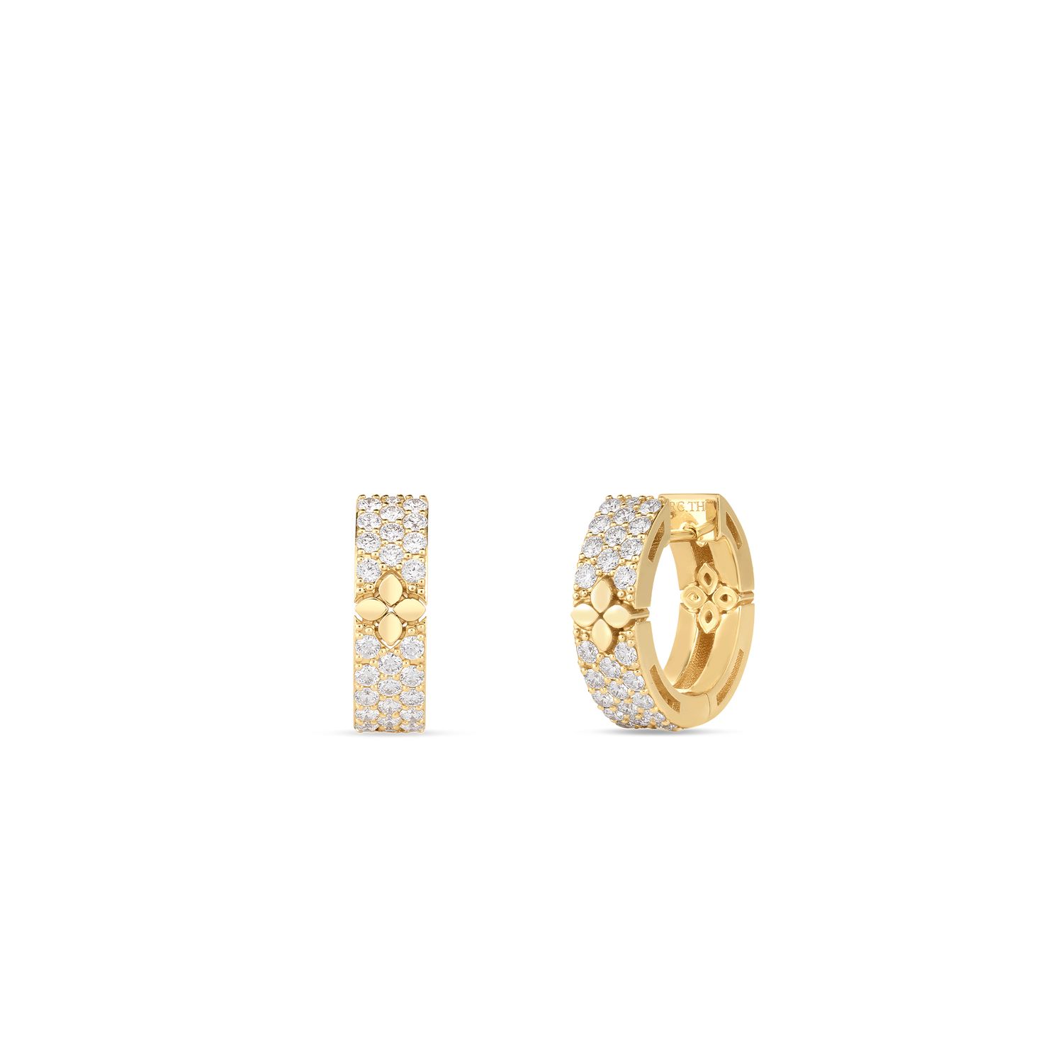 18K Yellow Gold Love In Verona Pave Diamond &amp; Polished Flower Narrow Hoop Earrings