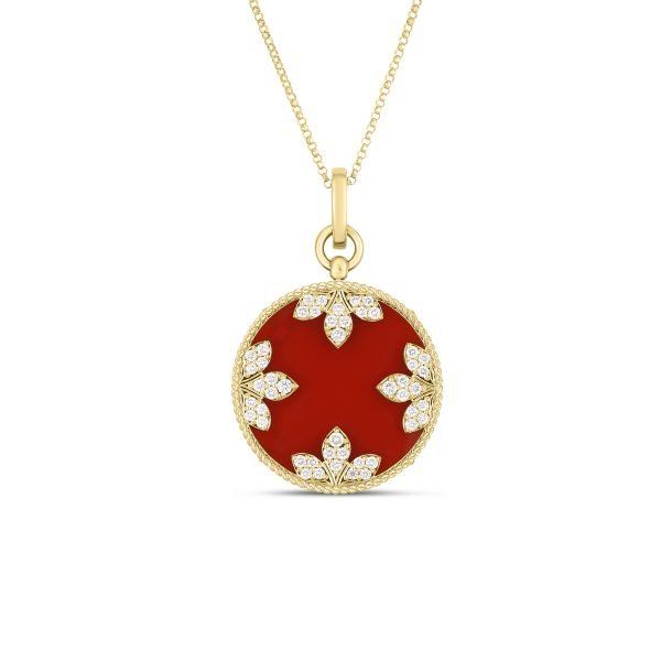 18K Yellow Gold Venetian Medallions Large Diamond And Red Agate Necklace