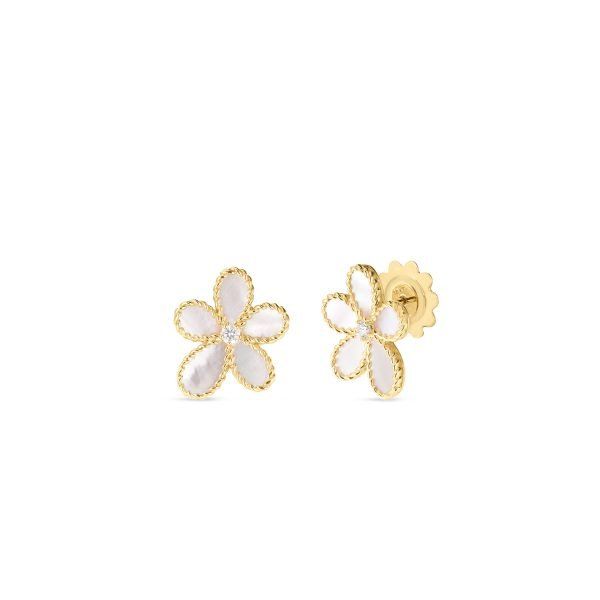 18K Yellow Gold Jasmine Diamond &amp; Mother Of Pearl Flower Stud Earrings