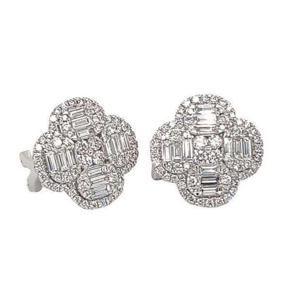 18K White Gold 2.74Ct Round Diamond Large Clover Earrings