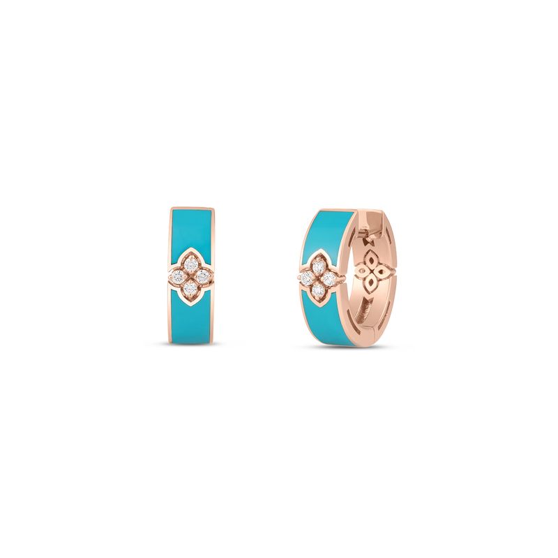 18K Yellow Gold Love In Verona Diamond and Turquoise Enamel Hoop Earrings