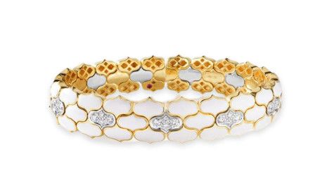 18K White Gold Cobra Diamond and White Enamel Bangle