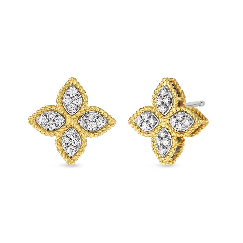 18K Yellow Gold Princess Flower Medium Diamond Stud Earrings
