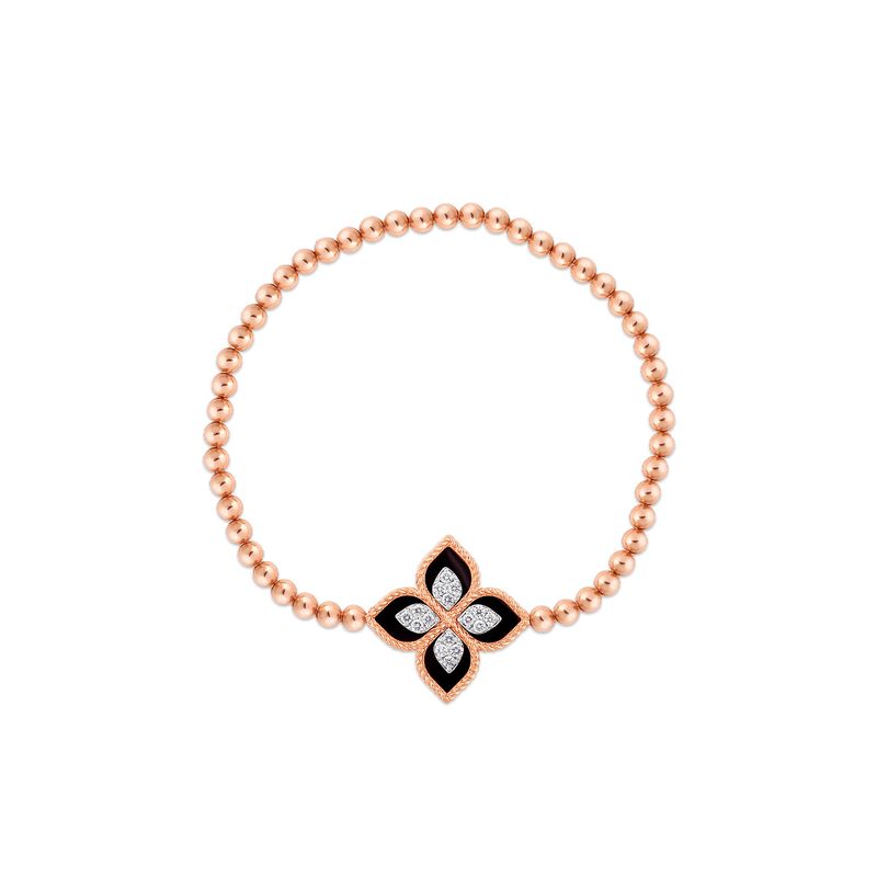 18K Rose Gold Princess Flower Diamond &amp; Black Jade Stretch Bracelet