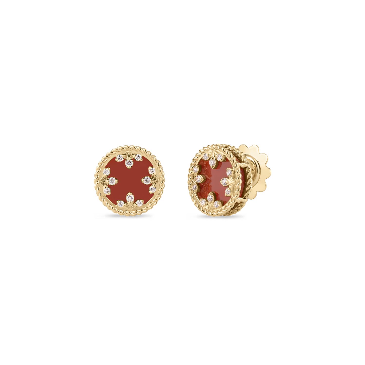 18K Yellow Gold Venetian Medallions Medium Diamond And Red Agate Stud Earrings