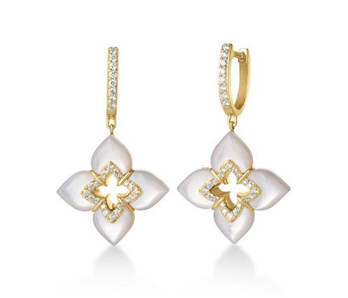 18K Yellow Gold Mother of Pearl and Round Diamond Venetian Princess Dangle Earrings