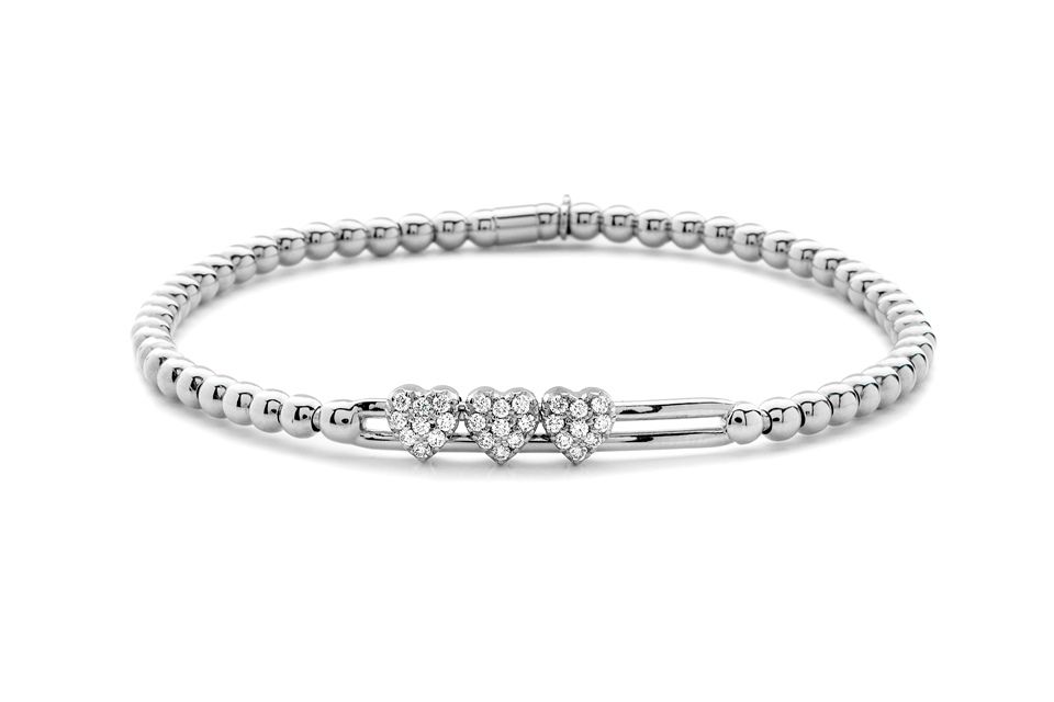 18K White Gold Three Heart Diamond Cluster Bar Stretch Bracelet