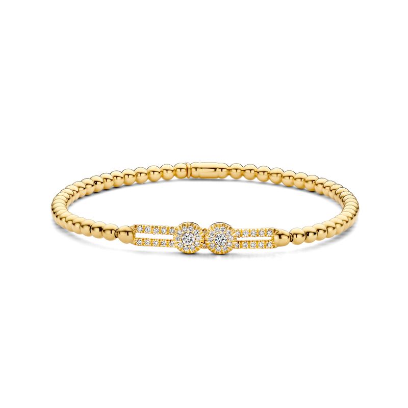 18K Yellow Gold Double Cluster Diamond Bar Sliding Beaded Stretch Bracelet