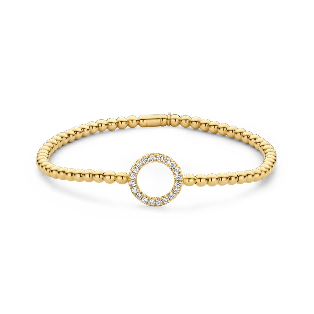 18K Yellow Gold Diamond Pave Circle Beaded Stretch Bracelet