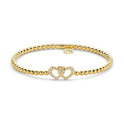 18K Yellow Gold Double Heart Diamond Stretch Bracelet