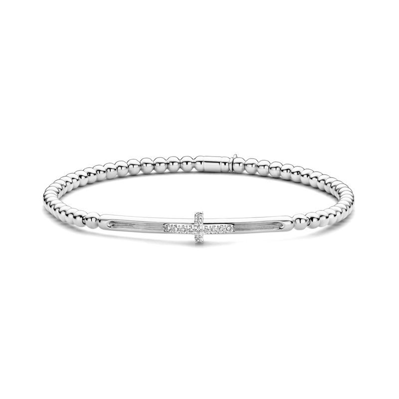 18K White Gold Diamond Pave Sliding Cross Stretch Bracelet