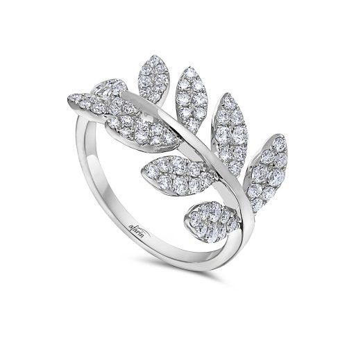 18K White Gold Diamond Pave Leaves Ring  .86Ct