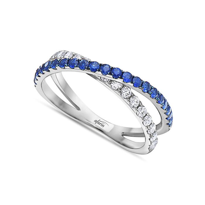 18K White Gold Sapphire and Diamondmond Cross Over Ring