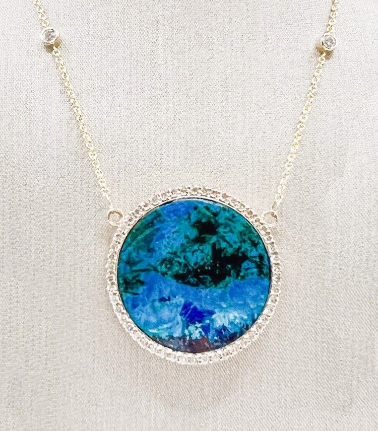14K Yellow Gold Shattuckite with Diamond Bezel on DBY Chain
