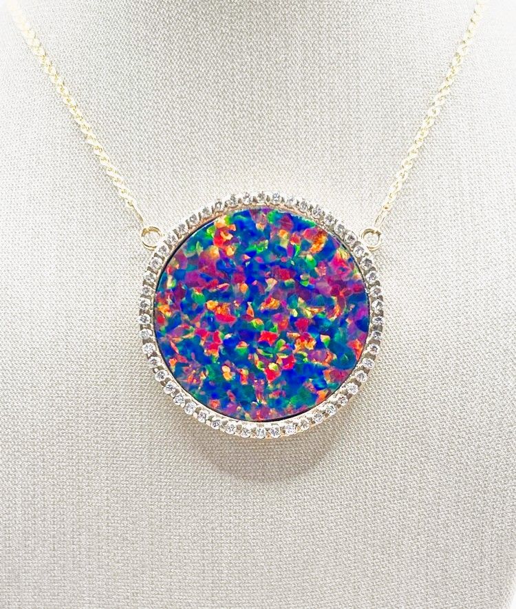 14K Yellow Red Opal with Diamond Bezel on Cable Chain