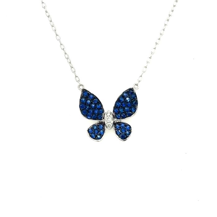 18K White Gold .68Ct Sapphire W/Diamond Butterfly Pendant
