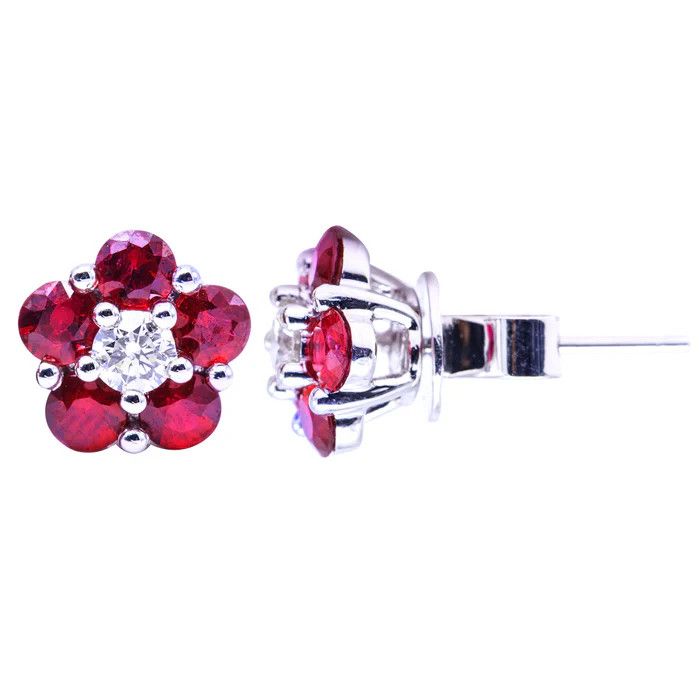 18K White Gold Ruby with Diamond Flower Stud Earrings
